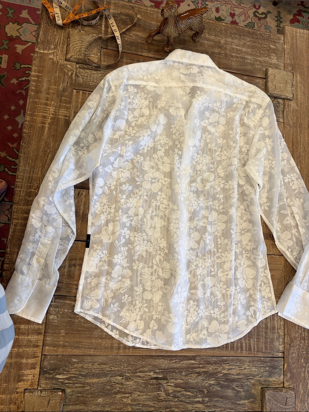 Vintage Y2K Tahiti Blue White Sheer Floral Pintuck Tuxedo Blouse Top Size L - Picture 11 of 11